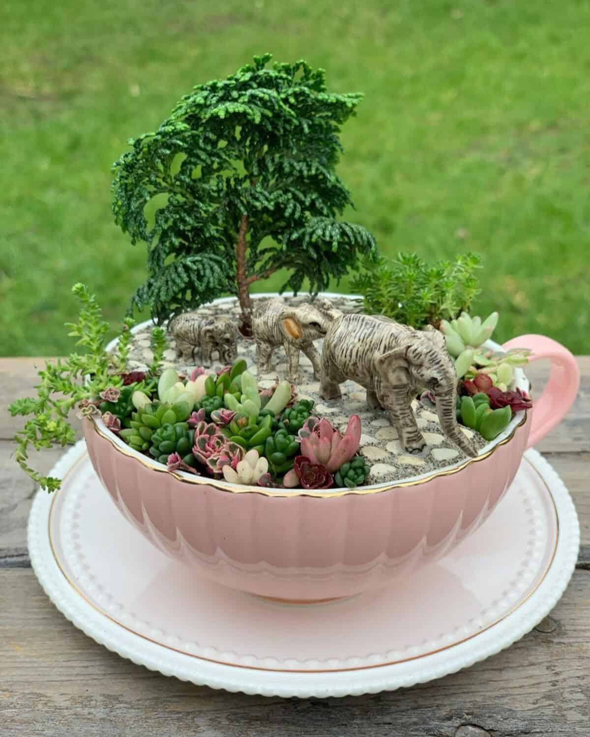 Elephant Family Fairy Garden In A Teacup