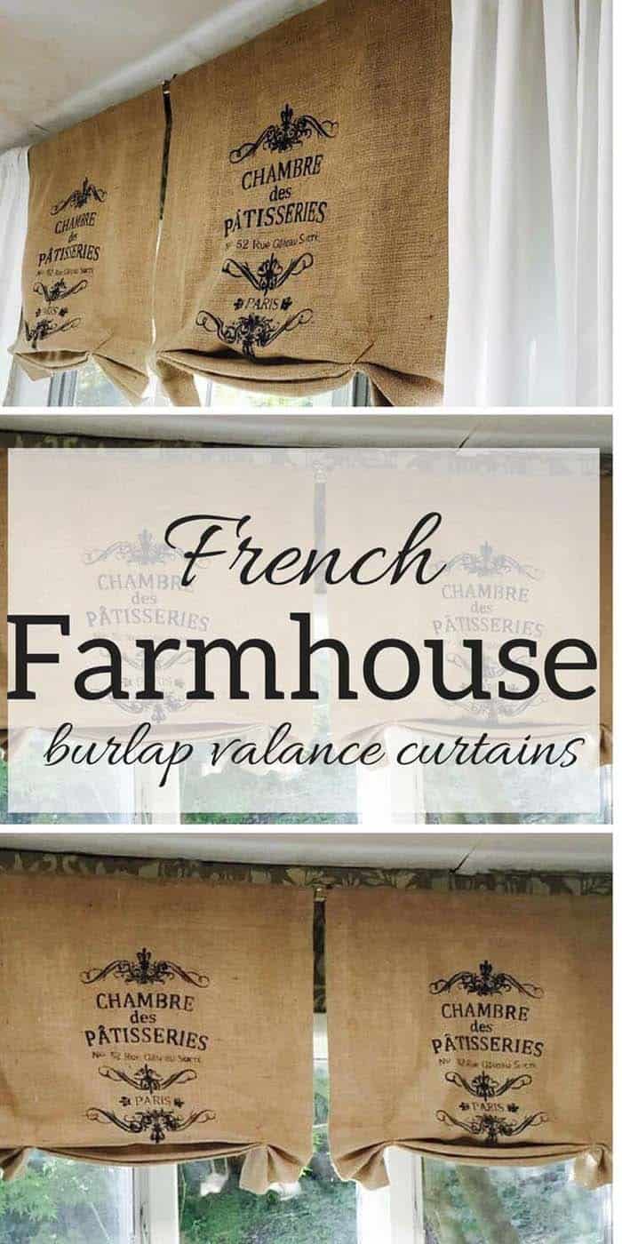 French Farmhouse Burlap Stenciled Valance