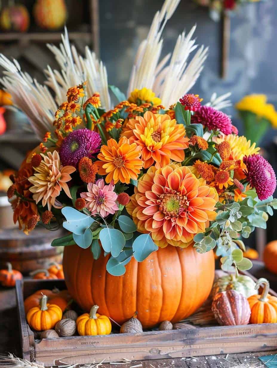 Vibrant Autumn Blossom Pumpkin Centerpiece