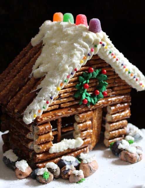 Make a Farmhouse Log Cabin using Pretzels