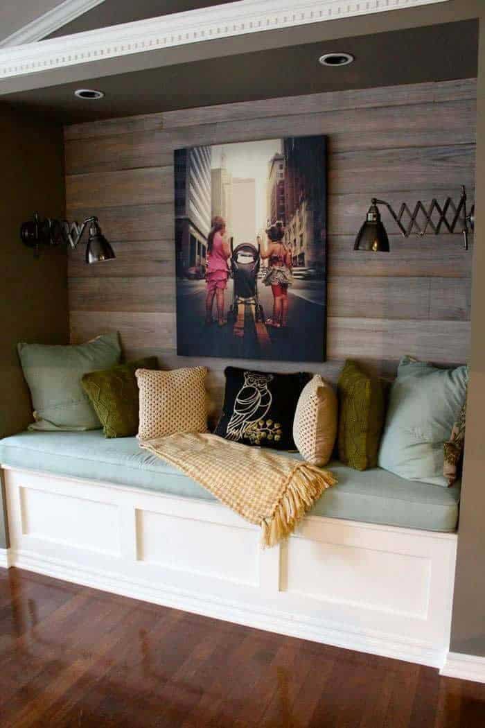 Cozy Reading Nook Dark-Stained Wood Wall