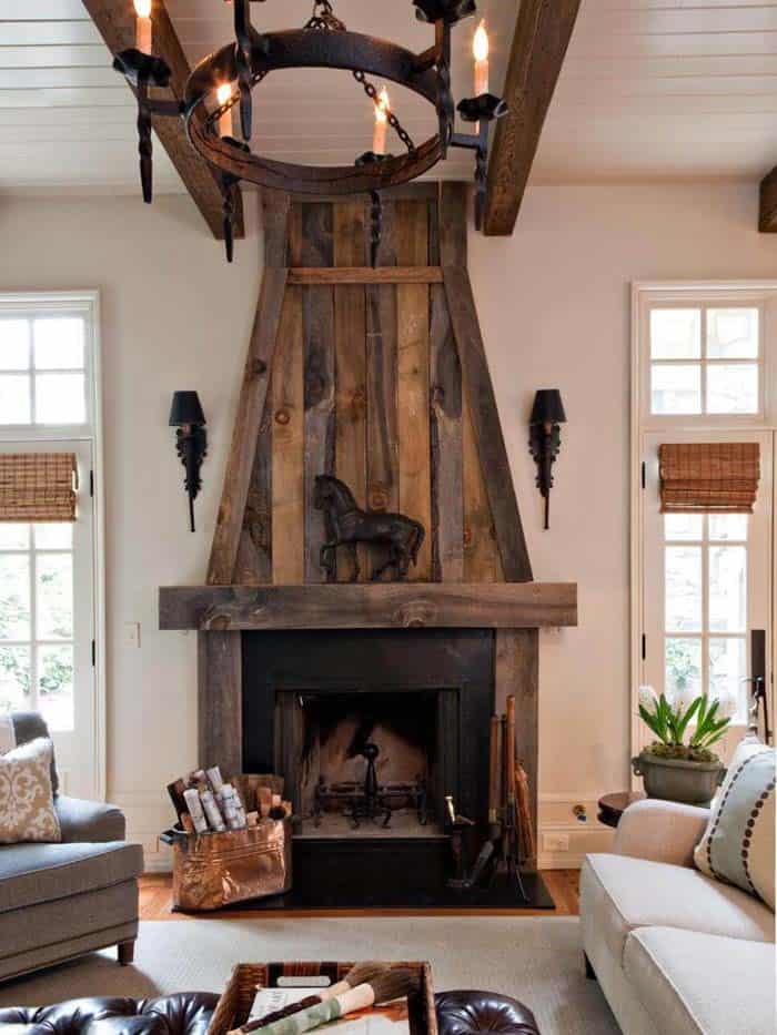 Stand Out with Cabin-Style Fireplace and Vintage Lighting