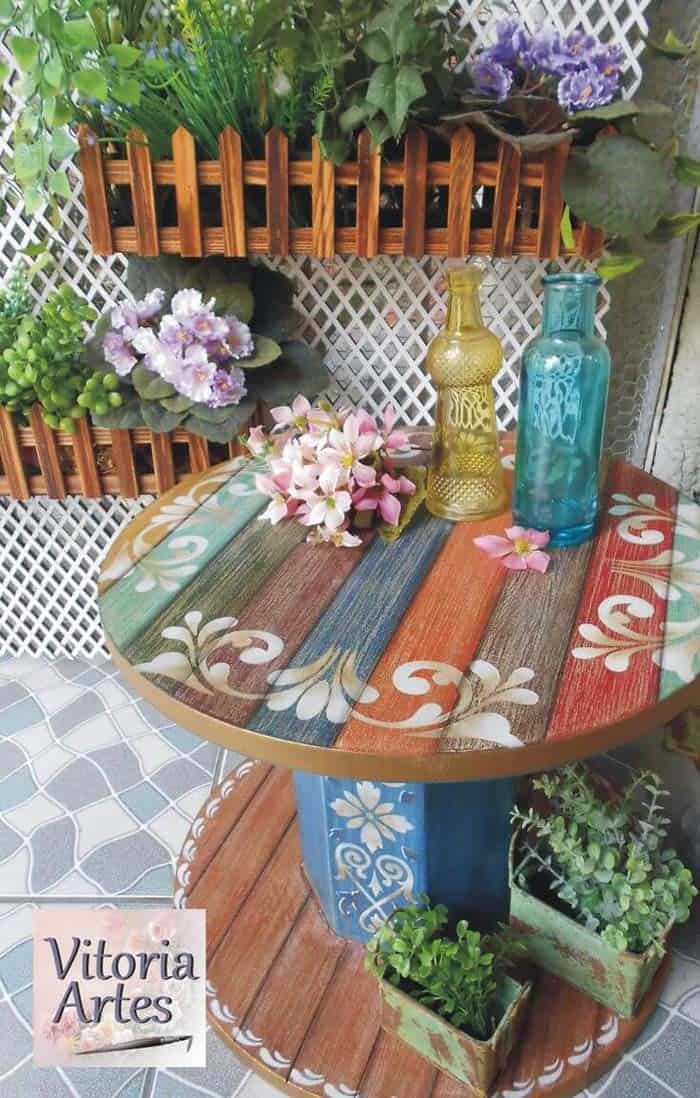 Upcycled Spool Table with Colorful Facelift