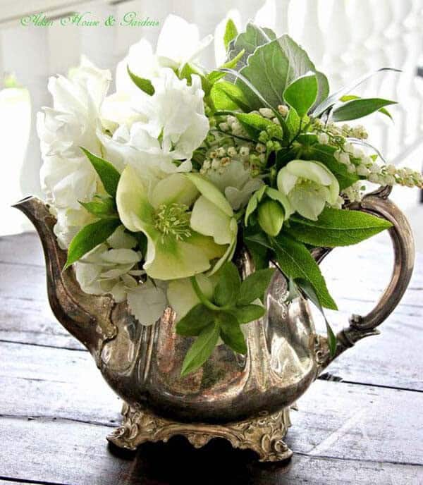 White and Green Arrangement in Vintage Silver Teapot