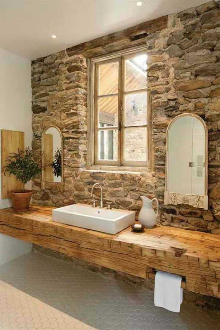 Bold Wood Beam Countertop And Stone Walls