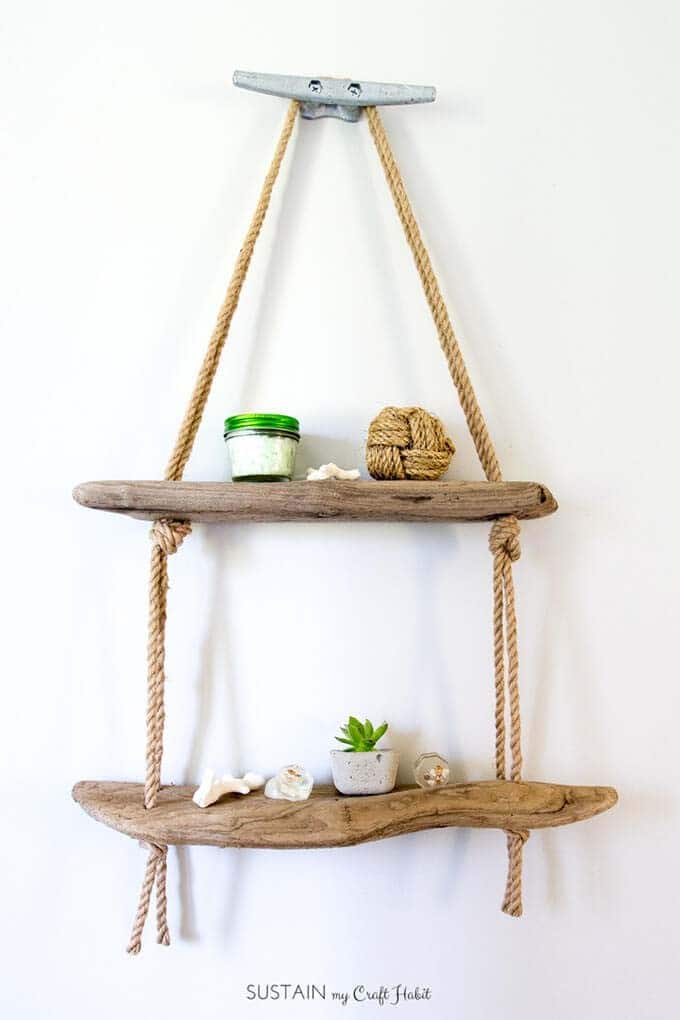 Unique Shelving With Driftwood and Boat Cleat