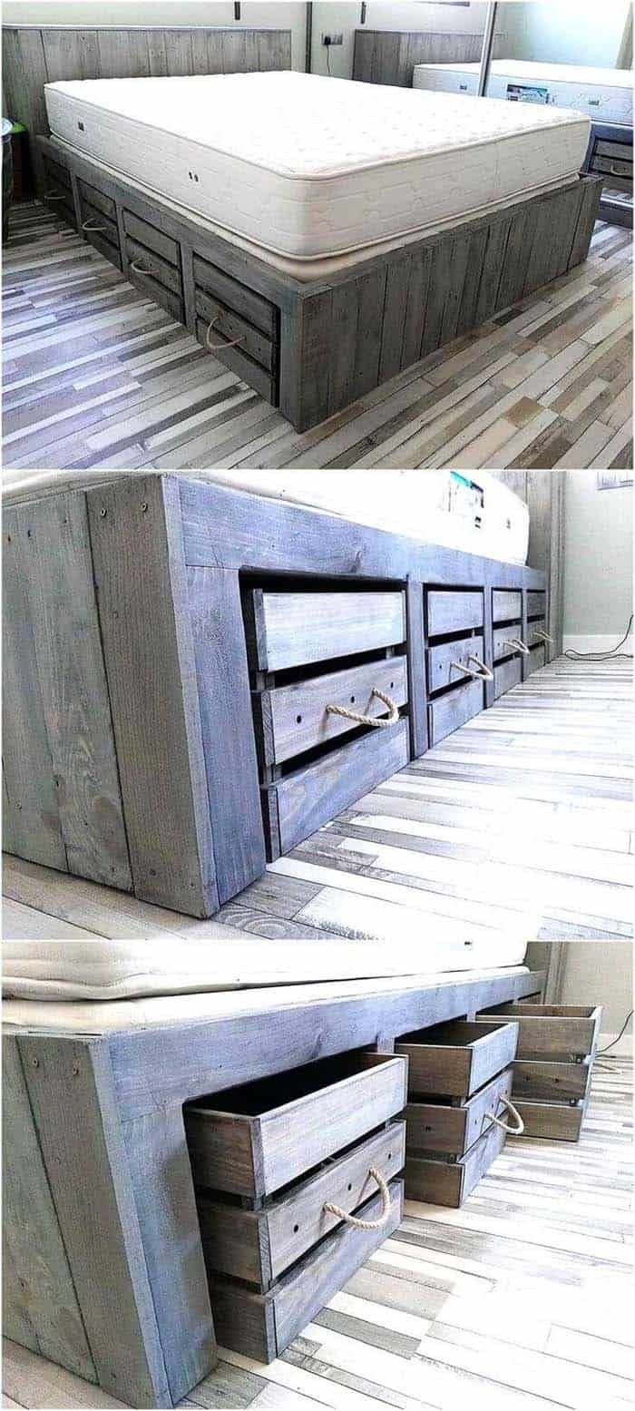 Bed Frame Featuring Rustic Crates and Rope Pulls