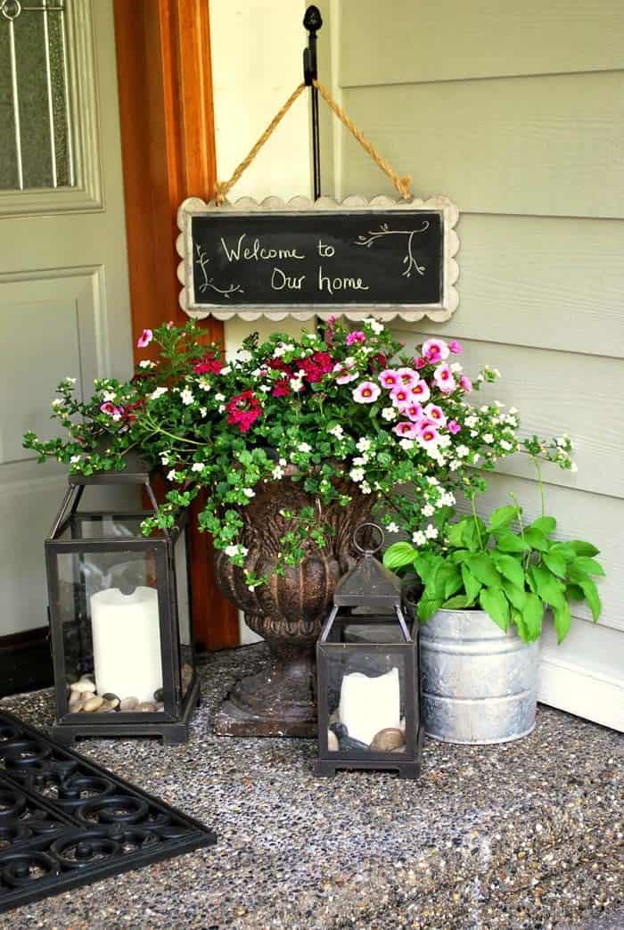 Welcome Guests with Chalkboard Sign and Rustic Planter