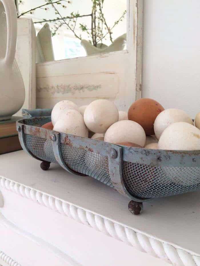 Wood Eggs And Vintage Metal Basket