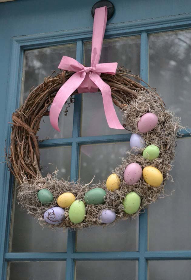 Add Color to Rustic Wreath with Easter Eggs and Ribbon