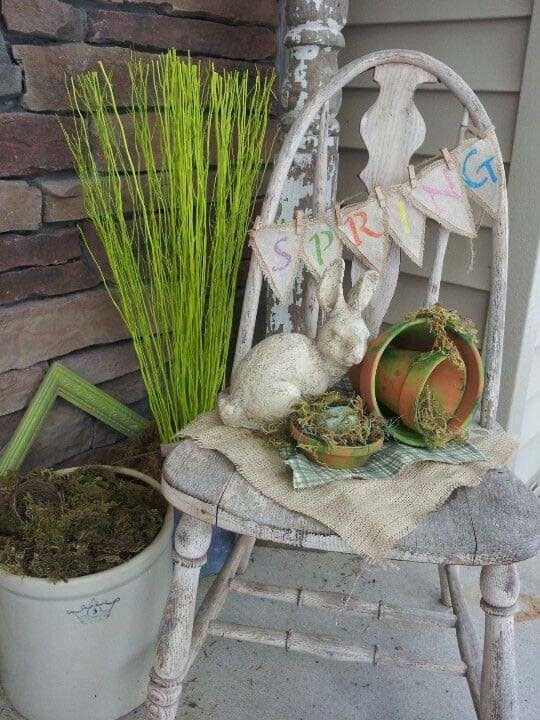 Rustic Porch Farm Chair with White Wooden Bunny