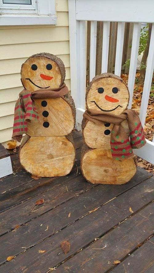 Build Glamorous Log Cutout Snowmans for Your Porch