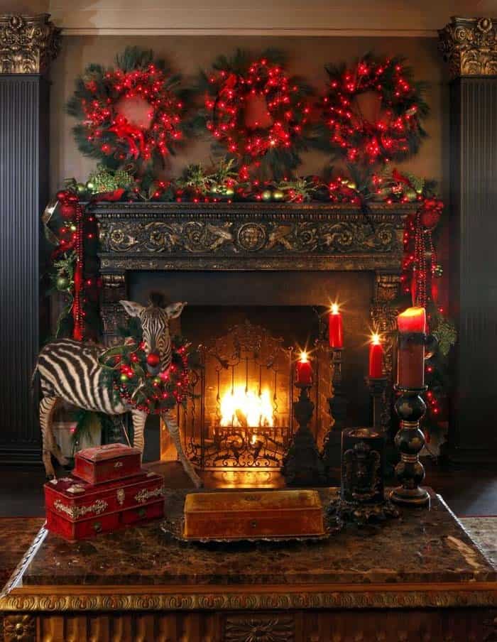 Red Lit Wreaths Accentuate Opulent Décor