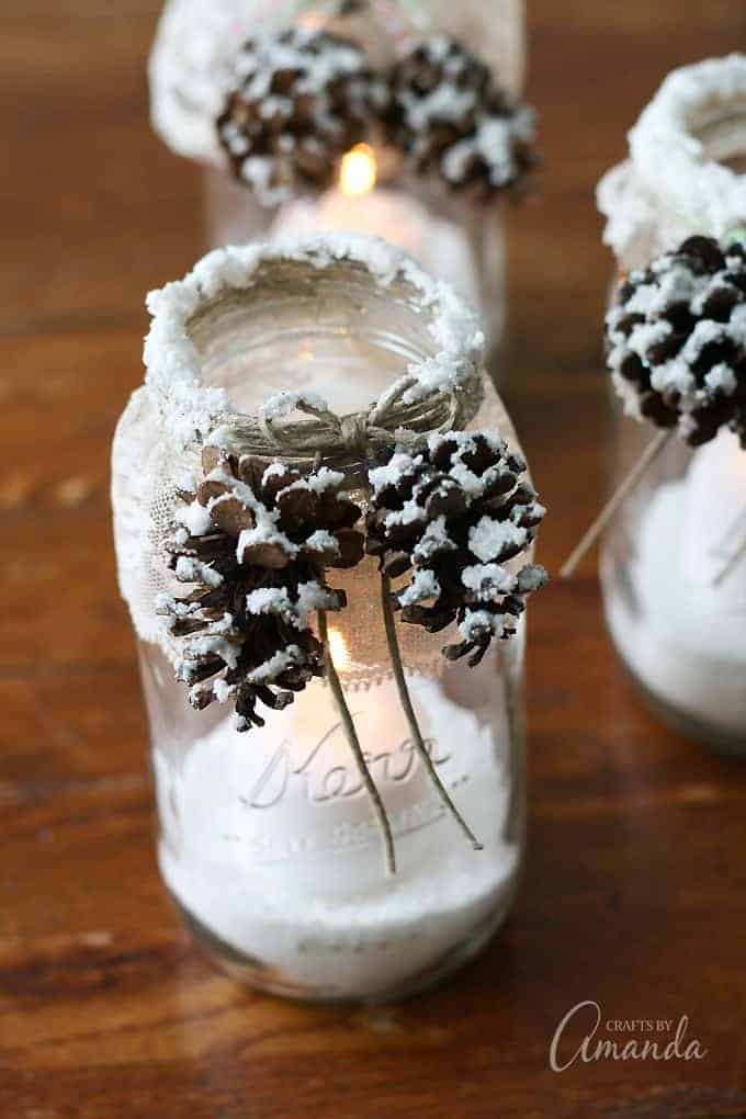 Decorate Mason Jars with Epsom Salt and Pine Cones