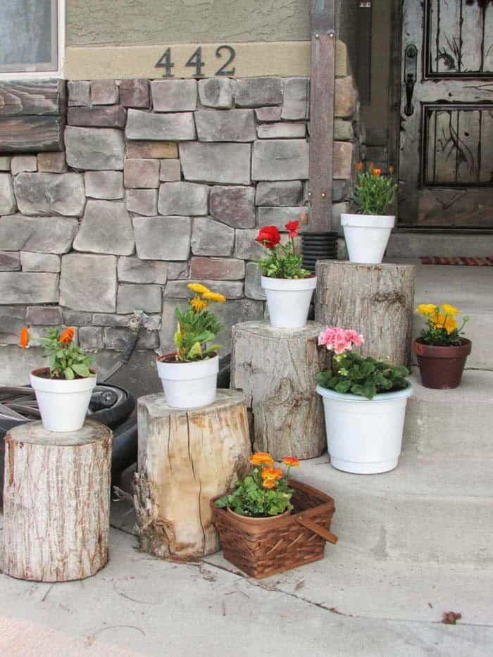 Enhance Your Porch with Flower Stands Made from Logs