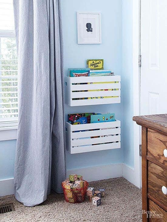 Hanging Halved Crates Hold Kids’ Books