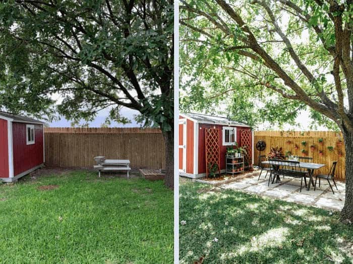 Cozy Outdoor Dining Spot with Pavers and a Potting Table