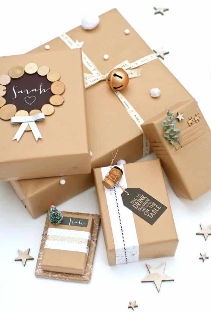 Add Christmas Ornaments to Tan Wrapped Packages