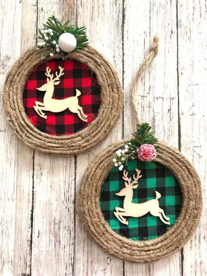 Wood Reindeer Buffalo Check Ornaments