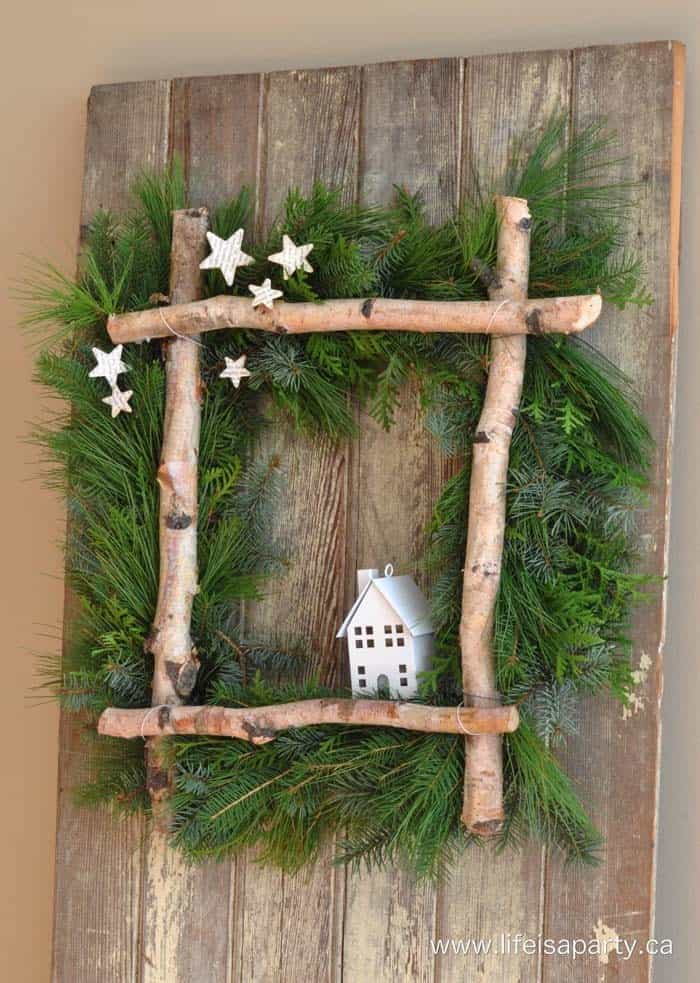 Add a Small House to Your Rustic Wood Log Wreath