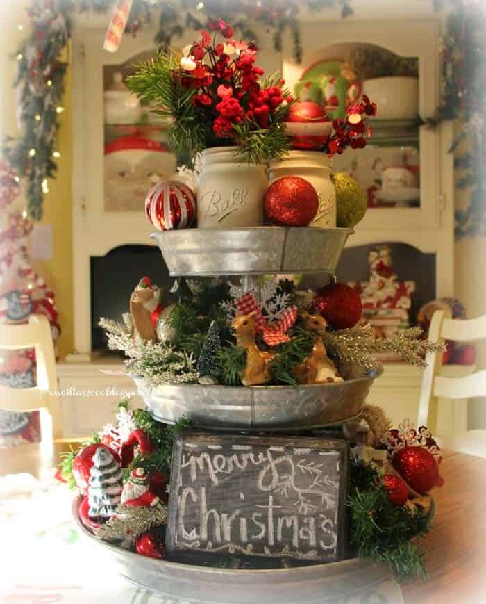 Christmas Themed Galvanized Tiered Tray Centerpiece