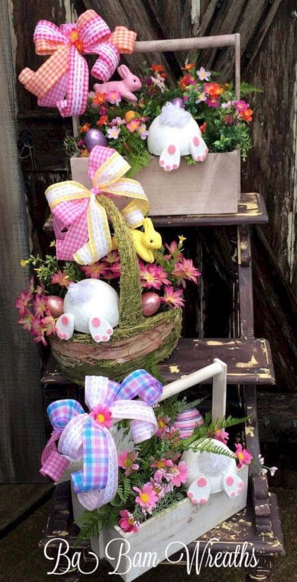 Easter Decor with Wooden Baskets and Bunnies