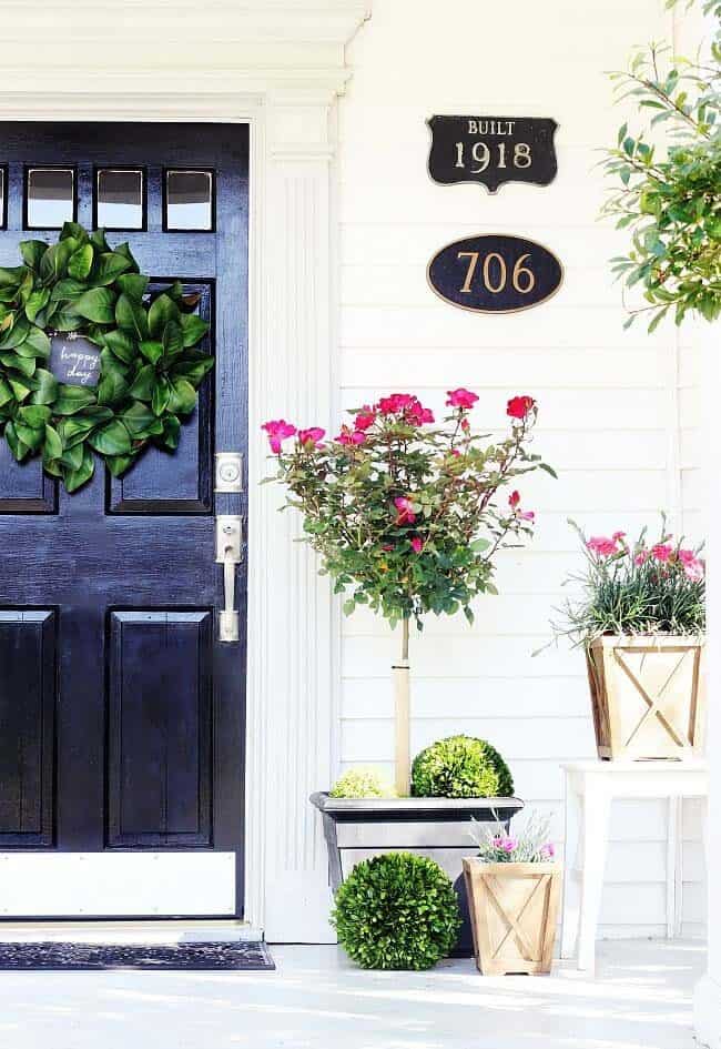 Decorate Your Front Porch with Topiary Trees and Roses