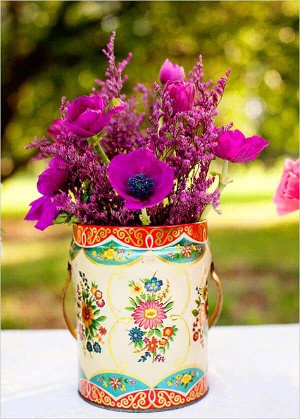 Purple Poppies in Colorful Eastern European Canister