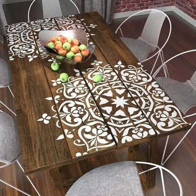 Patio with Stenciled Wooden Table and Wire Chairs