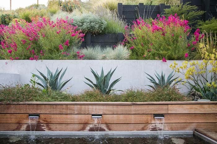 Elevate Your Backyard with Built-In Planters and Water Feature