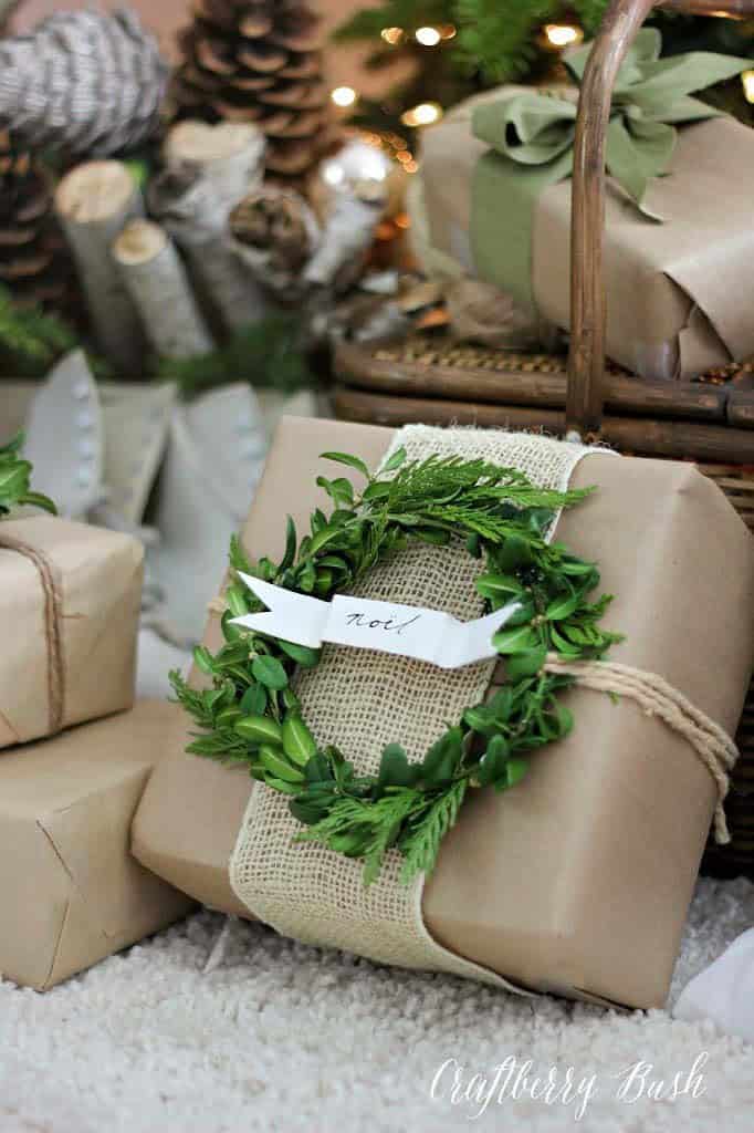 Wrap Presents with a Burlap and Boxwood Wreath