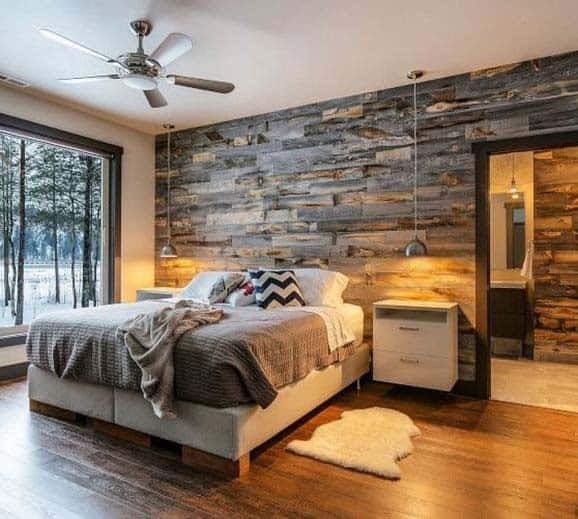 Bedroom with Laminate Wall Covering and Pendants