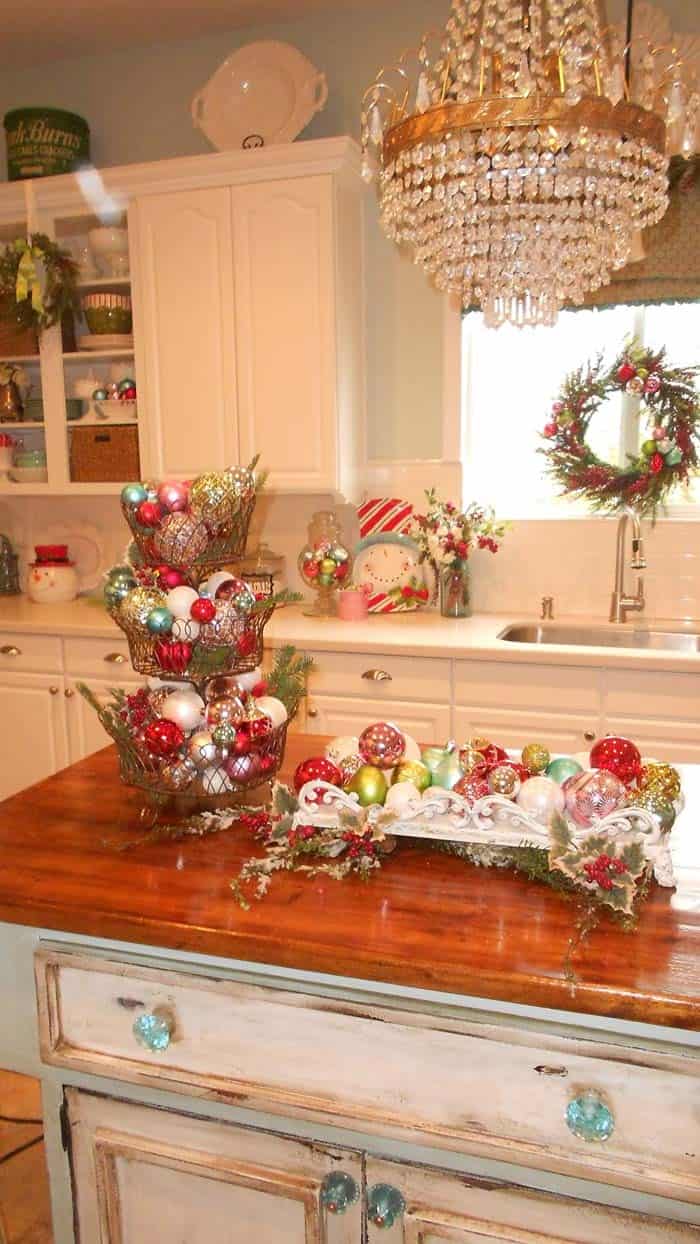 Use Glossy Christmas Ornaments for a Kitchen Centerpiece