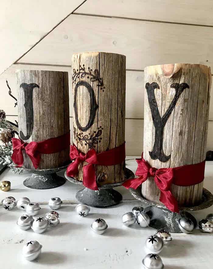 Burned Letters Wood Log Candleholders