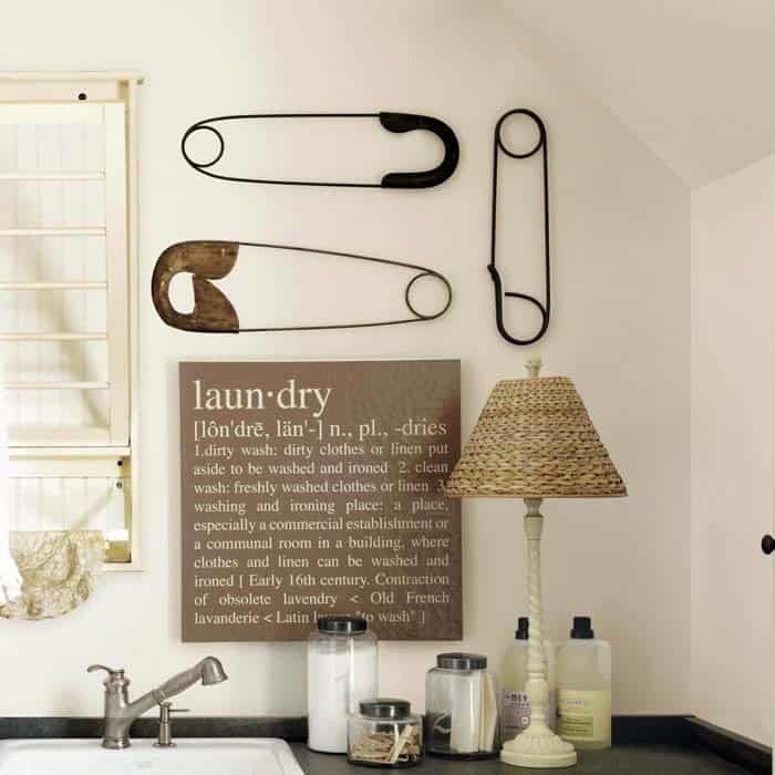 Laundry Room Corner with Authentic Safety Pins and Wall Art