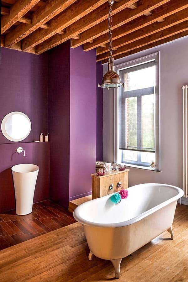 Make a Farmhouse Bathroom Stand Out with Purple Wall