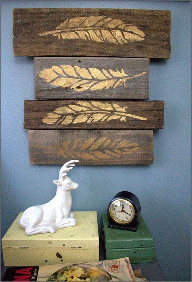 Unwind in Luxury with Gold Feathered Stenciled Pallet Slats