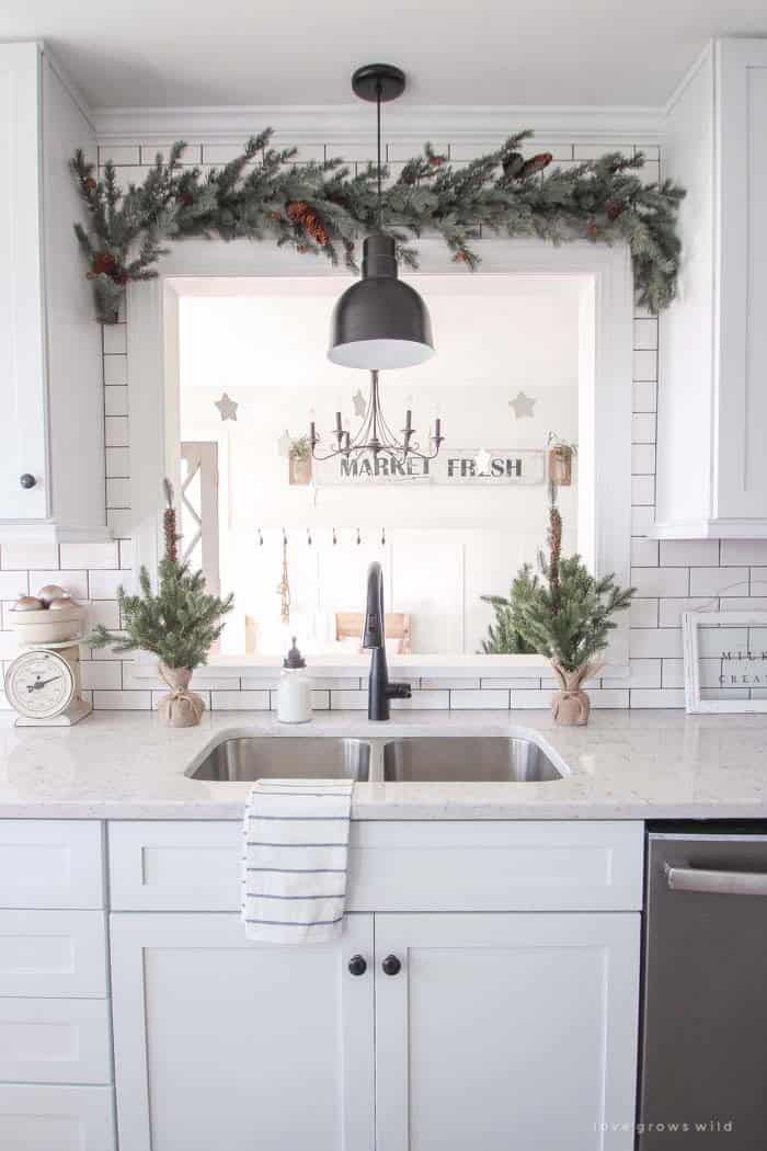 Winter Wonderland Kitchen with Evergreen and Pine Cones