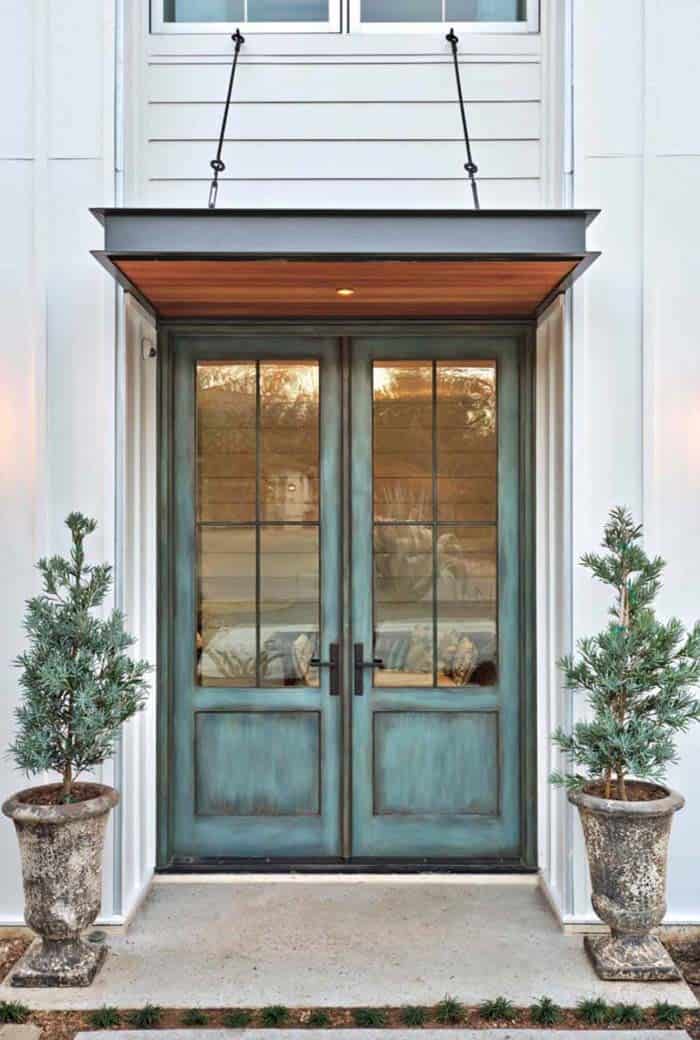 Double Distressed Door With Stunning Wood Portico