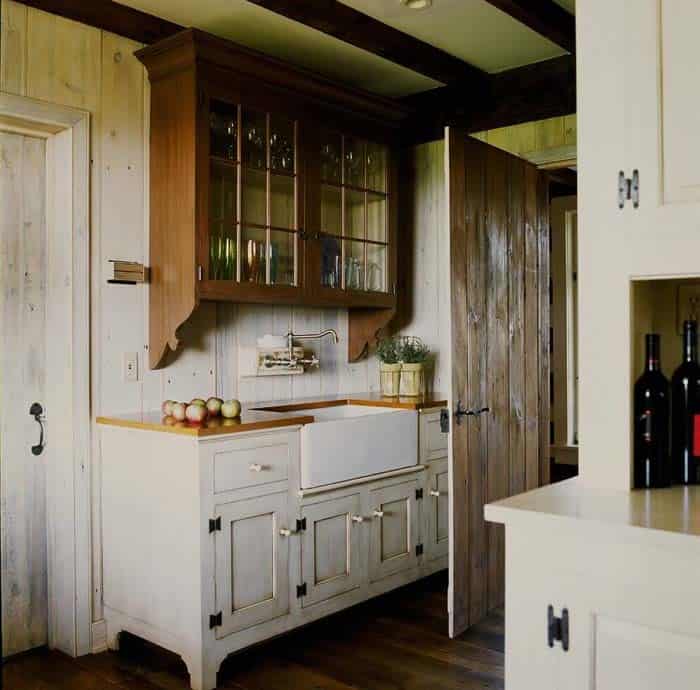 Natural Wood and Distressed White Kitchen Cabinets