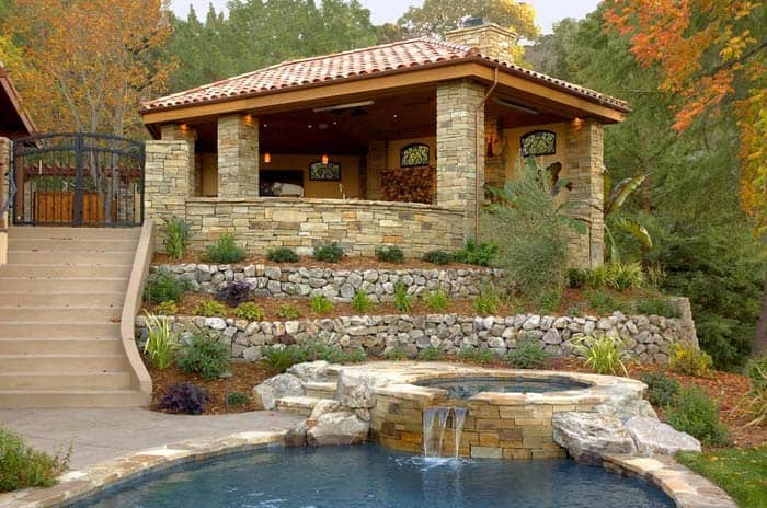 Serene Waterfall for Pool with Tiered Retaining Walls Accent