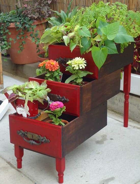 Brighten Your Vintage Tiered Drawer Garden with Red