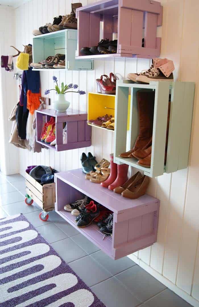 Staggered Storage In A Colorful Entry