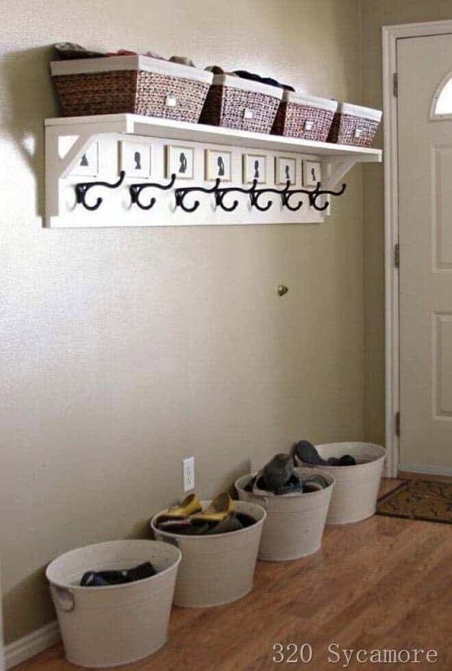 Add Painted Buckets Under Coat Rack