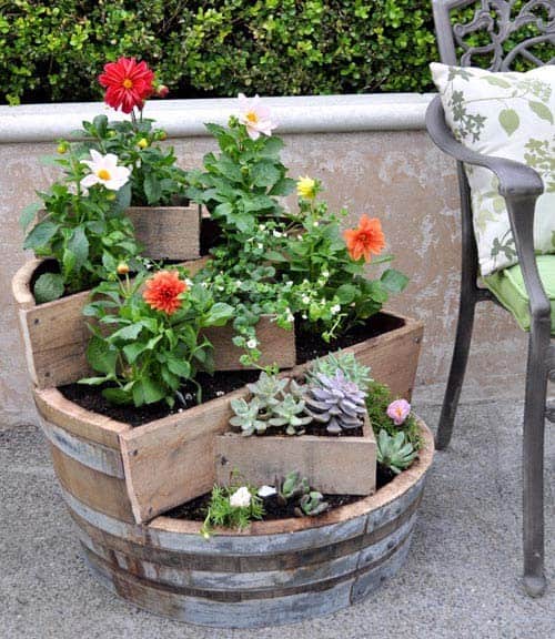 DIY Recycled Barrel Landscaping Idea