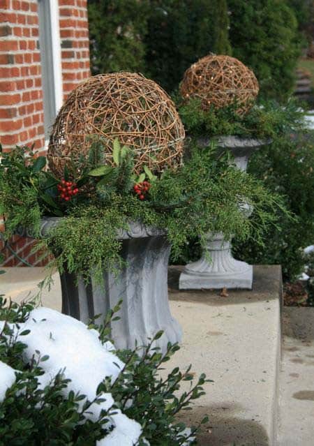 Winter Display with Urns and Globes at Your Front Door