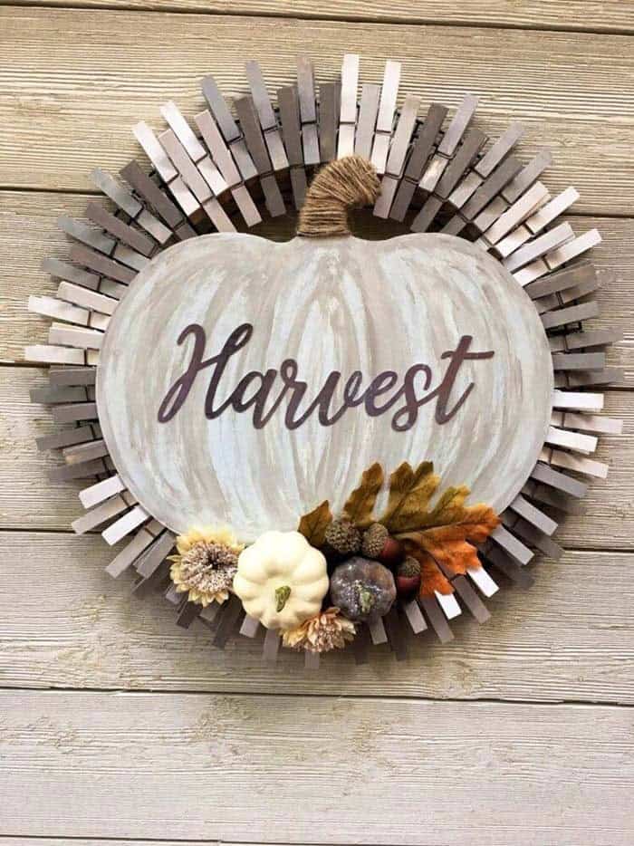 Gray Ombre Clothespin Wreath with Pumpkin Accent