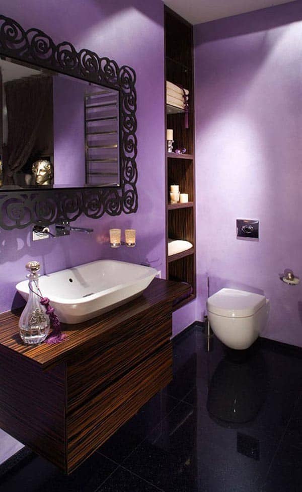 Bring Contrast to Your Purple Bathroom with a Wood Vanity