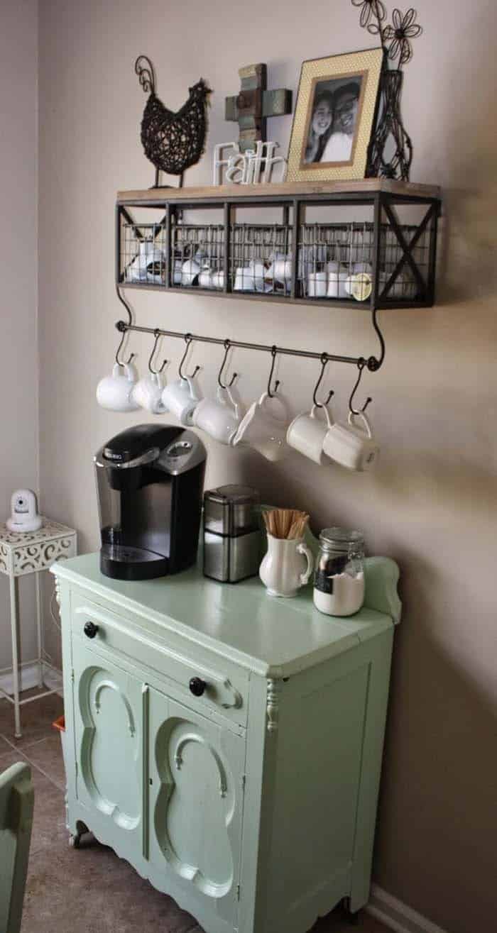 Wire Basket Shelf With Hooks For Mugs