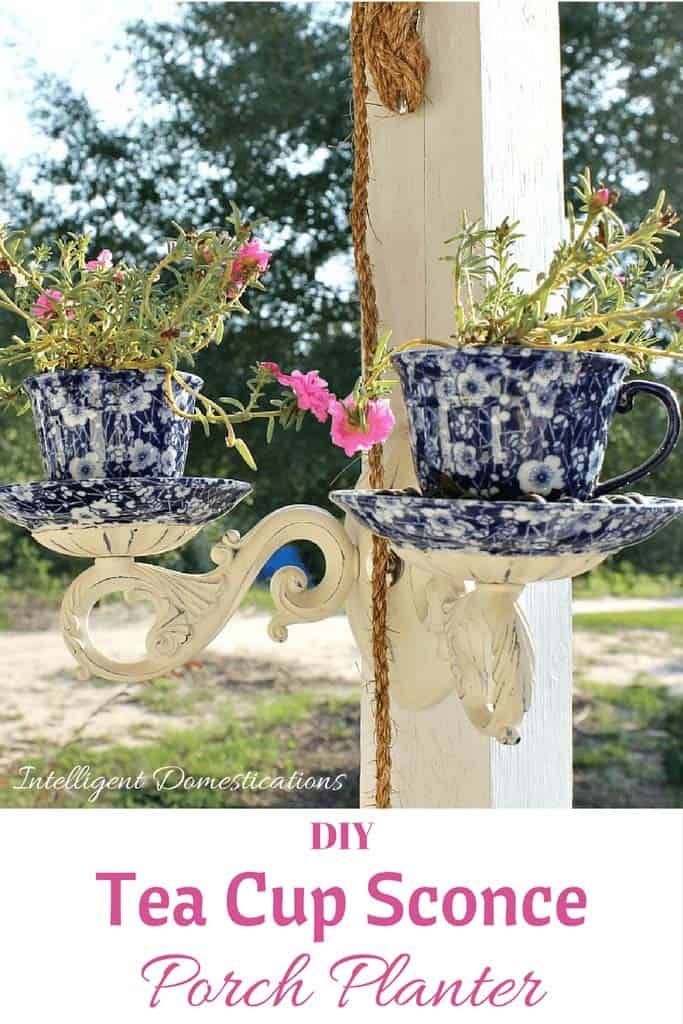 Repurposed Lamp Sconce with Flowery Teacups